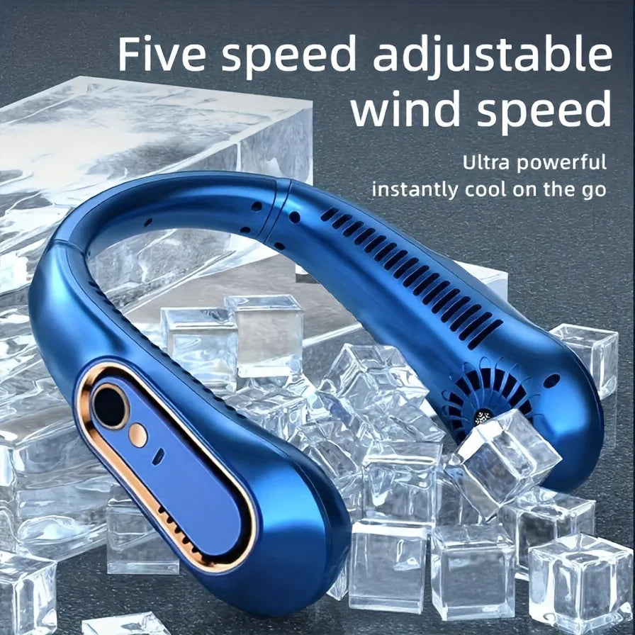 Free Hands No Leaf Neck Hanging Fan Portable Hanging Mini Fan Digital Display Power Outdoor Hiking Camping USB Charging