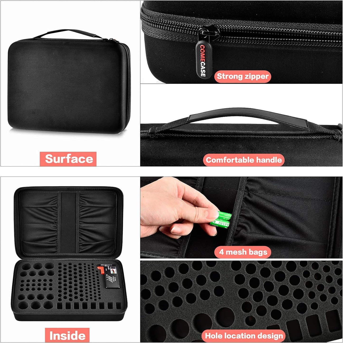 Battery Organizer Storage Case with Tester, Holds 148+ AA AAA AAAA C D 9V Button Cell Batteries, Portable Battery Holder Vault Bag for Home, Garage, Drawer & Emergency Kit, Black