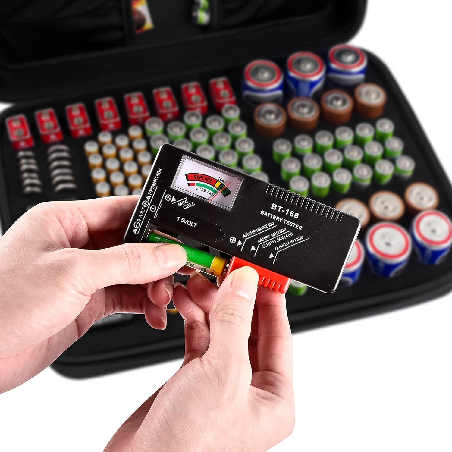 Battery Organizer Storage Case with Tester, Holds 148+ AA AAA AAAA C D 9V Button Cell Batteries, Portable Battery Holder Vault Bag for Home, Garage, Drawer & Emergency Kit, Black