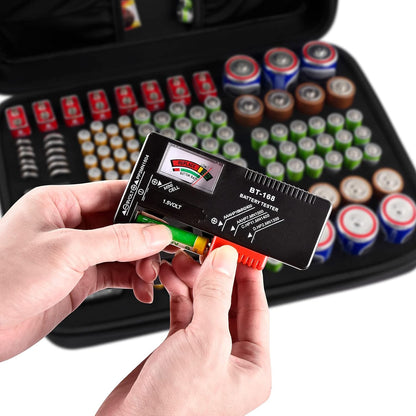 Battery Organizer Storage Case with Tester, Holds 148+ AA AAA AAAA C D 9V Button Cell Batteries, Portable Battery Holder Vault Bag for Home, Garage, Drawer & Emergency Kit, Black