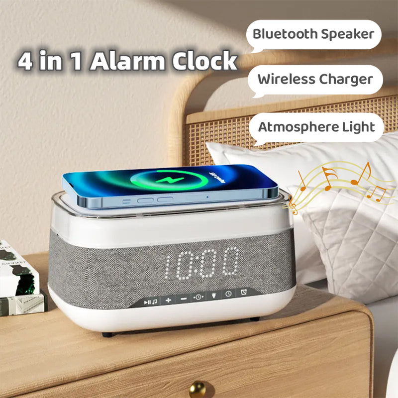 Intelligent Multifunctional Alarm Clock, Bluetooth Speaker, Wireless Charger Fast Charge, Clock, Atmosphere Night Light Home Decor