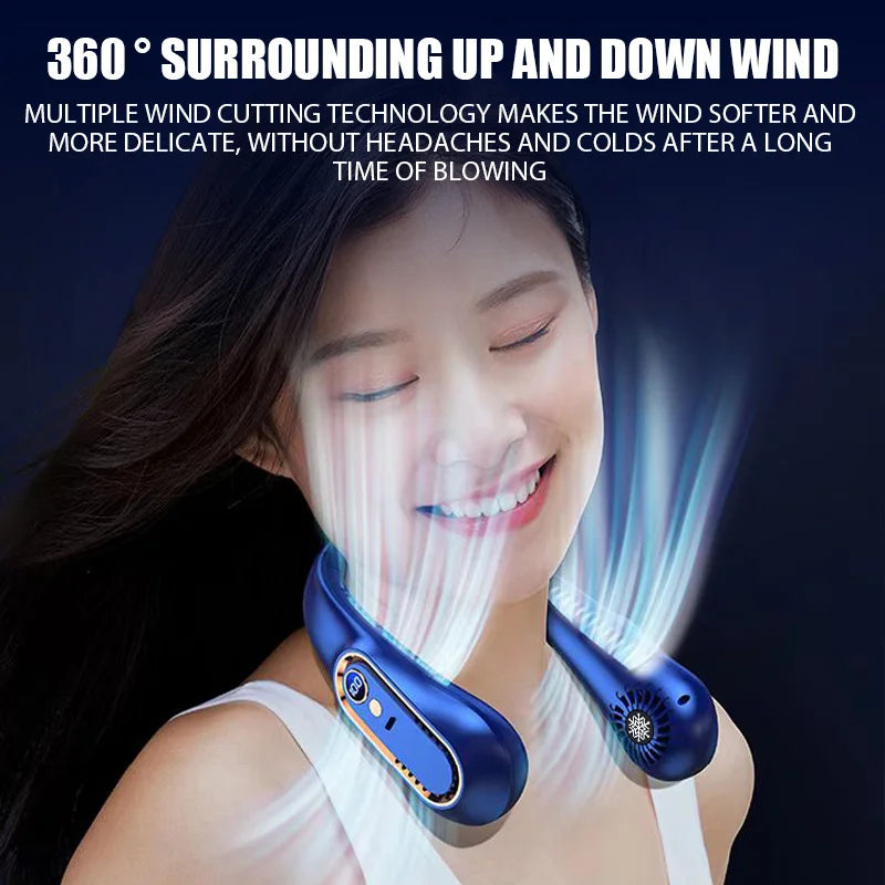 Free Hands No Leaf Neck Hanging Fan Portable Hanging Mini Fan Digital Display Power Outdoor Hiking Camping USB Charging